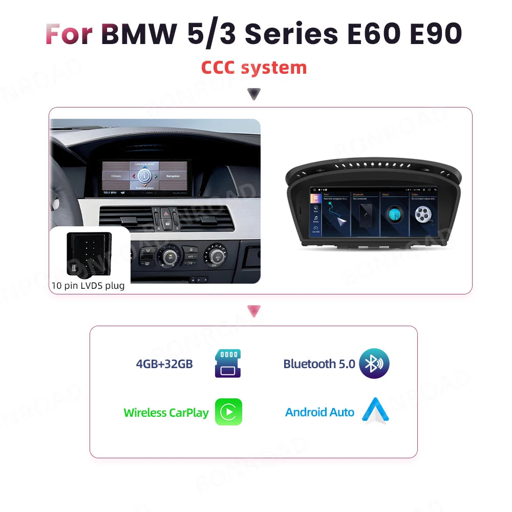 BONROAD Wireless Carplay Touch Screen For BMW 3 5 Series E60 E61 E62 E63 E90 E91 E92 Car Radio Multimedia Player Stereo GPS