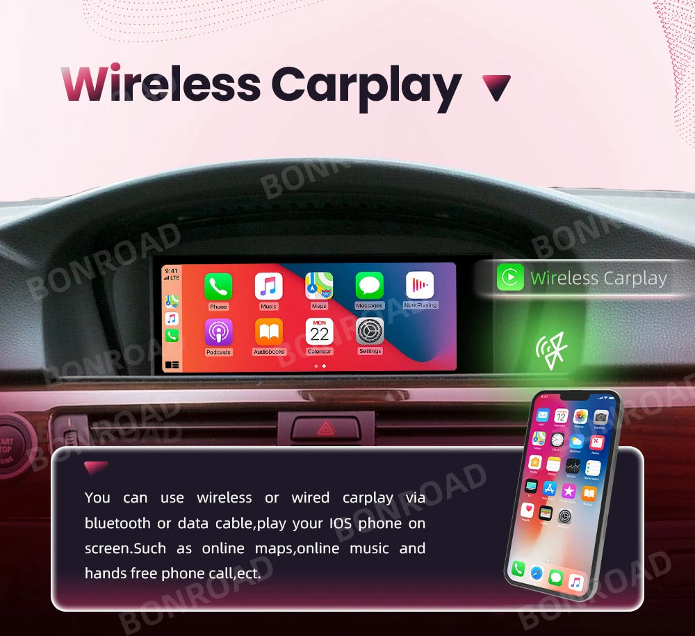 BONROAD Wireless Carplay Touch Screen For BMW 3 5 Series E60 E61 E62 E63 E90 E91 E92 Car Radio Multimedia Player Stereo GPS