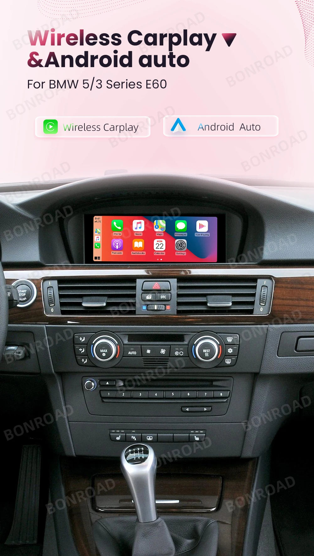 BONROAD Wireless Carplay Touch Screen For BMW 3 5 Series E60 E61 E62 E63 E90 E91 E92 Car Radio Multimedia Player Stereo GPS