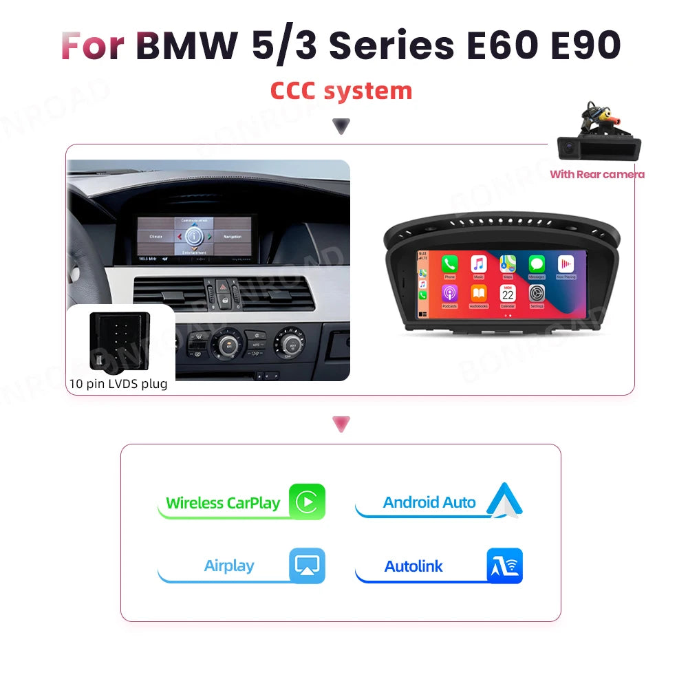 BONROAD Wireless Carplay Touch Screen For BMW 3 5 Series E60 E61 E62 E63 E90 E91 E92 Car Radio Multimedia Player Stereo GPS